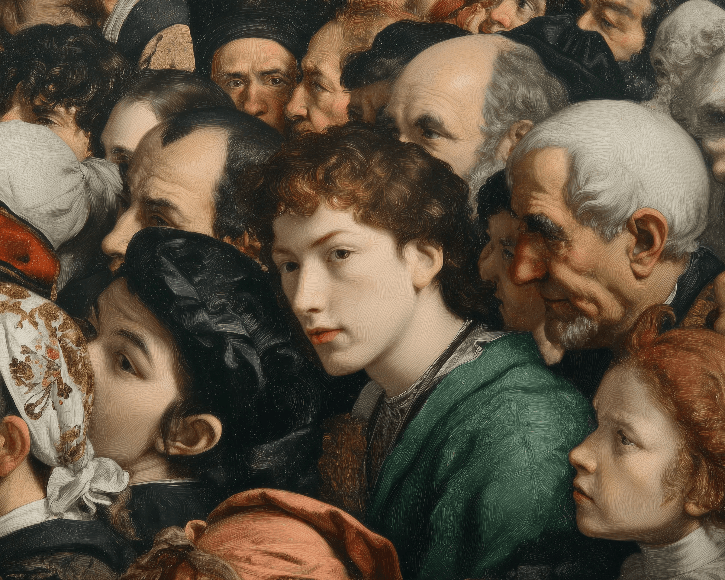 Détail d’une peinture : une foule de visages