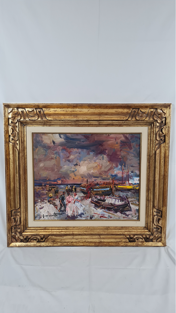 Bord de mer avec personne, pêcheur, couleur ciel rougeâtre