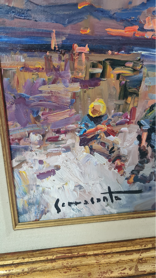 Bord de mer avec personne, pêcheur, couleur ciel rougeâtre — 3